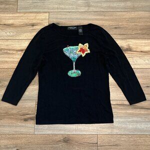 Robbie Bee Cocktail Top MEDIUM Black Stretch Beaded Sequin Tropical Drink y2k